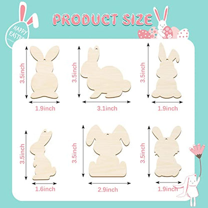 36 Pieces Easter Wood Bunny Cutouts Unfinished Wooden Rabbit Cutouts Blank Bunny Shape Slices Hanging Ornament Craft Tags with Hole Ropes for Easter