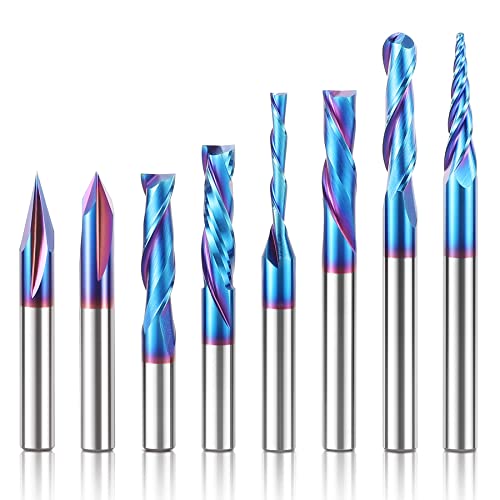 HQMaster CNC Router Bits 1/4 Inch Shank Carving Bit 8 Pcs Set for Wood Detail Profile V Groove Engraving Solid Carbide CNC Router Bit Collection HQMaster