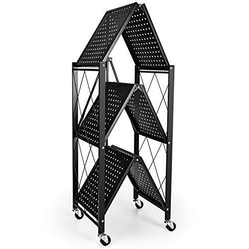 YSSOA 3-Tier Foldable Metal Shelves Heavy Duty Storage Shelving Unit with Wheels, Organizer Shelves for Garage Kitchen, Black YSSOA