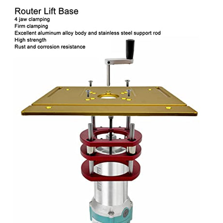 AMONIDA Router Lift, Red Aluminum Alloy Router Lift Base with Stainless Steel Support Rod, 4 Jaw Clamping, for Small Trimming Machines, Small Gong AMONIDA