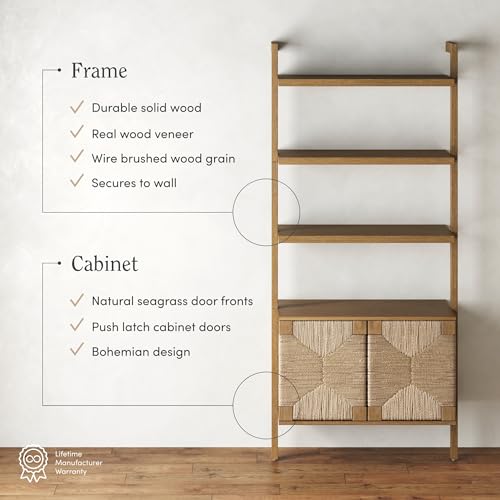 Nathan James Beacon Wall-Mounted Solid Wood Bookshelf with Seagrass Cabinet Fronts Nathan James