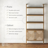 Nathan James Beacon Wall-Mounted Solid Wood Bookshelf with Seagrass Cabinet Fronts Nathan James