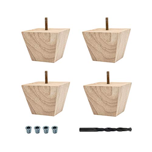 OUTWATER 3 in. x 3-7/8 in. Unfinished Solid Hardwood Square Bun Foot | 4 Pack with 4 Free Insert Nuts and Drill Bit OUTWATER