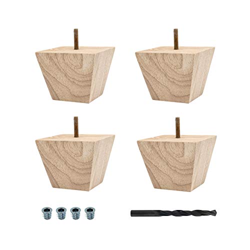 OUTWATER 3 in. x 3-7/8 in. Unfinished Solid Hardwood Square Bun Foot | 4 Pack with 4 Free Insert Nuts and Drill Bit - WoodArtSupply