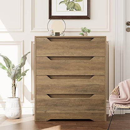 HOSTACK Modern 4 Drawer Dresser, Chest of Drawers with Storage, Wood Storage Chest Organizers with Cut-Out Handles, Accent Storage Cabinet for Living