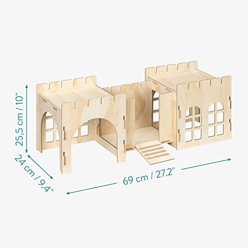 Navaris Rabbit Castle - Wooden Hideaway Playhouse for Pet Bunny - MDF & Pine Wood Rabbit Toy House - Bunny Hideout Fort - 27.2" x 9.4" x 10" Navaris