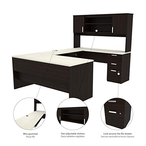 Bestar Ridgeley U-Shaped Executive Desk with Pedestal and Hutch in, 65W, White Chocolate Bestar