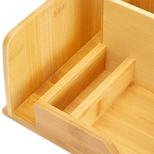 Juvale Bamboo Desk Organizer, Wooden Desk Accessories Workspace Organizers, Holder for Pencils, Pens, Tabletop Storage with 7 Compartments for Office - WoodArtSupply