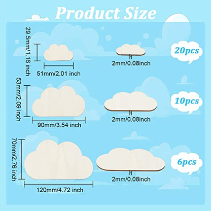 OLYCRAFT 36pcs 3 Sizes Unfinished Wood Slices Cloud Shape Wooden Pieces Unfinished Blank Slices Natural Wood Cutouts for DIY Project Painting Drawing