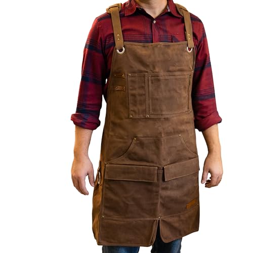 Heavy Duty Shop Apron Woodworking Apron for Sizes M-XXL Water-Resistant 16 Oz Waxed Brown Canvas - WoodArtSupply