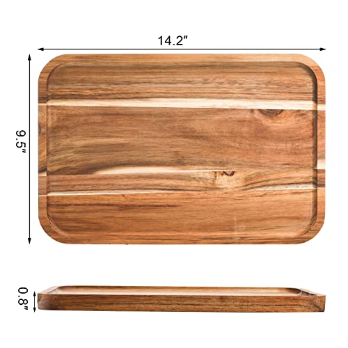 YOUEON Set of 2 Acacia Wood Serving Tray with Raised Lip, 14.2 x 9.5 Inch Rectangular Serving Tray, Appetizer Cheese Plate, Sandwich Dessert Trays,