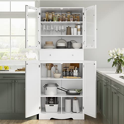 HORSTORS 71" Pantry Cabinet, Tall, Large Food Pantry, Freestanding Storage Cabinet with Drawer | Shelves | Glass Doors for Kitchen, Dining Living - WoodArtSupply