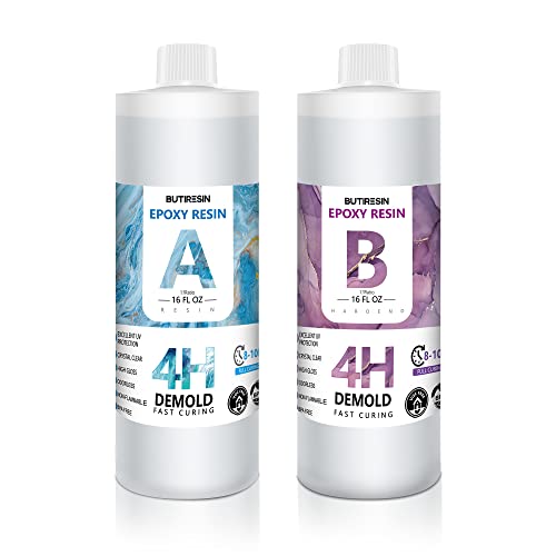 Epoxy Resin 32oz, 4 Hours Demold, 8-10 Hours Fast Curing Epoxy Resin Kit, Food Safe & Low Odor, Bubble Free, High Hardness for Casting, Coating, Art, ButiResin
