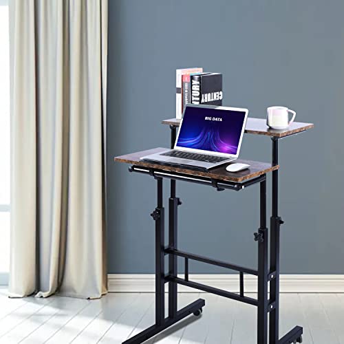 AIZ Double Adjustable Computer Desk Home Office Workstation with Rolling Wheels, Portable Laptop Table for Standing or Sitting, Adults or AIZ