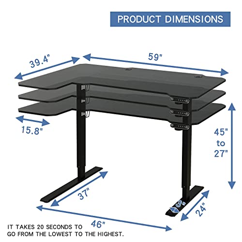 Jceet Adjustable Height L-Shaped 59 Inch Electric Standing Desk - Sit Stand Computer Desk, Stand Up Desk Table for Home Office, Black Frame and Top - WoodArtSupply