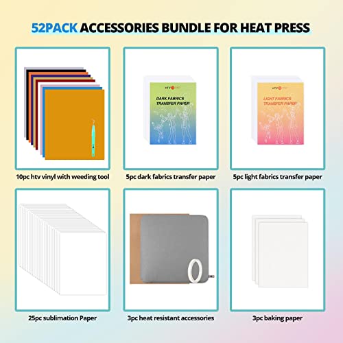 HTVRONT Heat Press Accessories for Cricut Easy Press-52 Pcs Heat Press Supplies for Beginners, Include Iron On Vinyl, Heat Press mat, Sublimation HTVRONT
