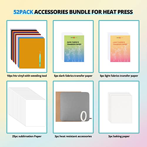 HTVRONT Heat Press Accessories for Cricut Easy Press-52 Pcs Heat Press Supplies for Beginners, Include Iron On Vinyl, Heat Press mat, Sublimation