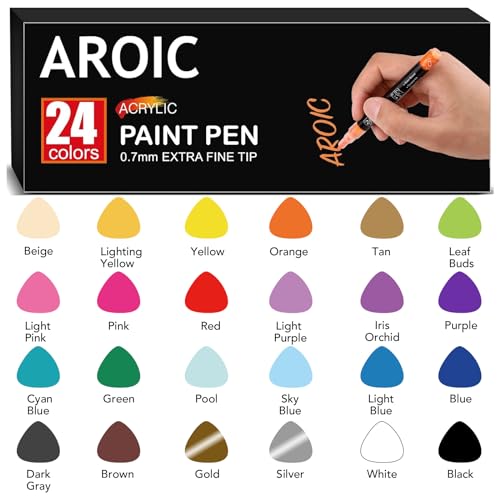 AROIC 24 Pack Acrylic Paint Pens for Rock Painting Fine Point Paint Markers Acrylic Paint Markers For Wood,Metal,Plastic,Glass,Canvas, Ceramic,Craft