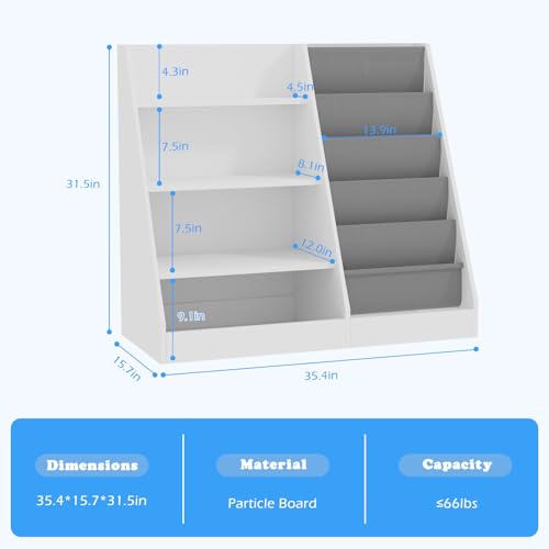 White 4-Tier Kids Wooden Bookshelf with Five Sling Pockets for Toys and Books Storage - WoodArtSupply