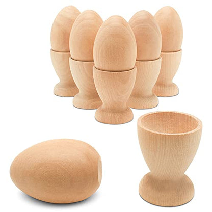 Wooden Egg Holder 2-1/8 inch, Pack of 6 Egg Cups Wooden & 6  2-1/2 inch Flat Bottom Eggs in a Cup, Wood Egg Unfinished, by Woodpeckers - WoodArtSupply