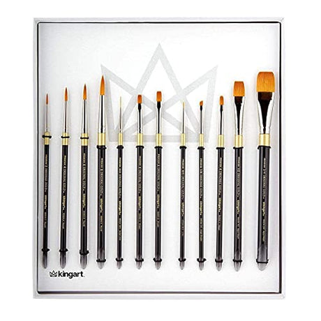 KINGART Original Gold Aqua Acrylic Handle 9000A Series, Premium Golden Taklon, Multimedia Artist Brushes, Gift Box, Set of 10 Sizes, Acrylic Handle, KINGART