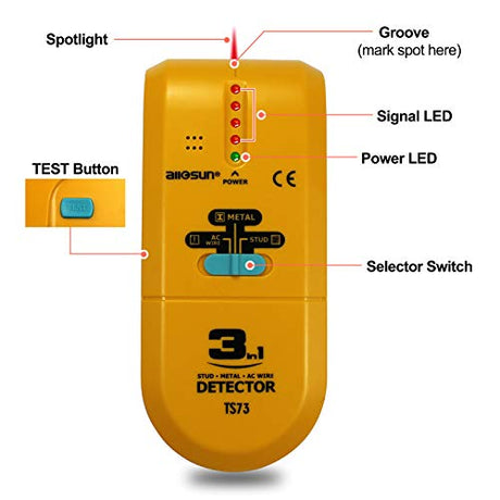 ALLOSUN TS73 3 in 1 LED Wood Stud FinderMulti Stud ScannerElectronic Stud Sensor Wire Cable Wall Metal Detector Finder Home Decoration, yellow ALLOSUN