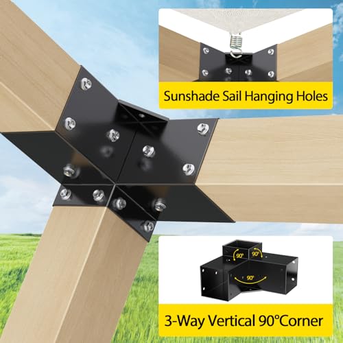 APRILSOUL 4x4 Pergola Kit, Includes 4 Three-Way Corner Brackets and Post Bases for 3.5" Wood Posts, Durable Right Angle Hardware for Outdoor Gazebo