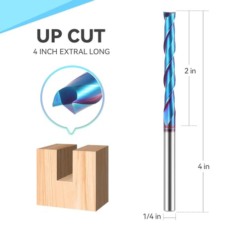 HQMaster Extra Long Spiral Router Bit 1/4 inch Shank Solid Carbide CNC Router Bit with Nano Blue Coating End Mill for Wood Cut Carving (1/4” x 1/4” x HQMaster