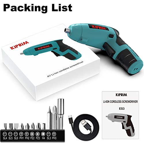 Small 4V Electric Screwdriver,Kiprim ES3 Cordless Screwdriver Tool with Rechargeable Battery,LED Front Light & Power Display Light for Home DIY Blue Kiprim
