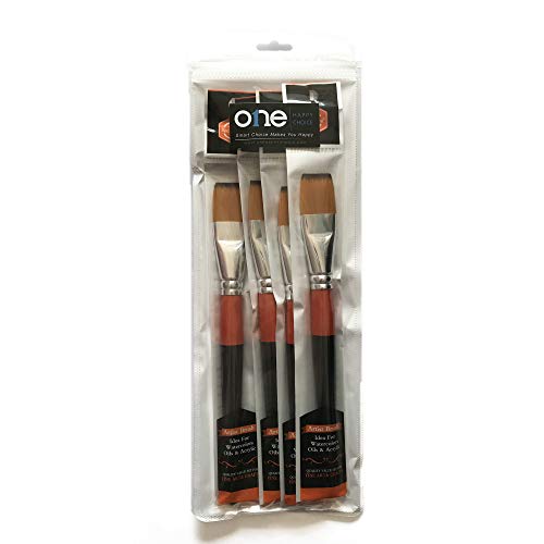One Inch Flat Bright Paint Brush, Pack of 4, Premium Quality Synthetic Sable Hair for Acrylic Watercolor Oil Gouache Painting by Students, ONE HAPPY CHOICE