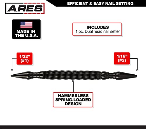 ARES 10016 – Dual Head Combo Nail Setter – Features 1/32-Inch (#1) and 1/16-Inch (#2) Dual Head Design – CNC-Precision Machined - 5000 PSI Striking - WoodArtSupply