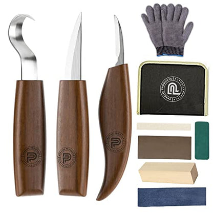 PPI Wood Carving Tools 10 in 1 Wood Carving Kit Whittling Kit - Includes Whittling Knife, Detail & Hook Knife, Cut Resistant Gloves & Carving Knife