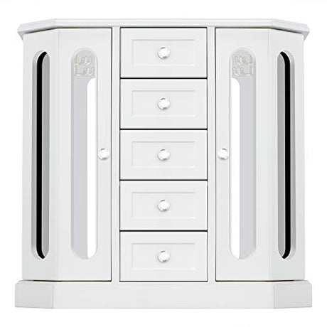 RR ROUND RICH DESIGN Jewelry Box - Made of Solid Wood with Cabinet Type 5 Drawers Organizer and 2 Separated Open Doors on 2 Sides and Large Mirror RR ROUND RICH DESIGN