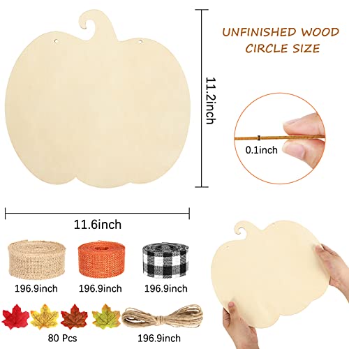 Whaline 5 Pieces 11.6 Inch Thanksgiving Unfinished Wood Pumpkin Cutout with 80Pcs Fake Maple Leaves Ribbons Hemp Rope Fall Pumpkin Wooden Slices for