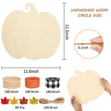 Whaline 5 Pieces 11.6 Inch Thanksgiving Unfinished Wood Pumpkin Cutout with 80Pcs Fake Maple Leaves Ribbons Hemp Rope Fall Pumpkin Wooden Slices for Whaline
