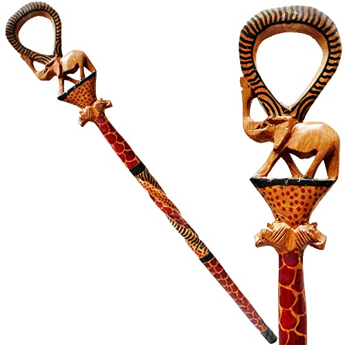 African Wood Decorative Walking Stick (Hand Made in Kenya) (Elephant/Lion Natural)