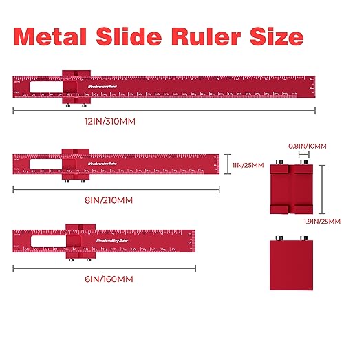 Woodworking Ruler 3Pcs 6/8/12 Inch Slide Rule Precision Ruler Woodworking Tools Adjustable Metal Aluminum Marking Gauge Pocket Ruler Scribing