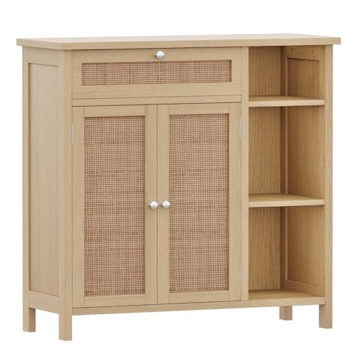 Irontar Bathroom Cabinet with Rattan Doors, Bathroom Floor Cabinet with Open Storage & Adjustable Shelf, Coffee Bar with Drawer, Storage Cabinet for