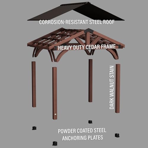 Backyard Discovery Arlington 12x10 All Cedar Gazebo, Walnut, Insulated Steel Roof, Water Resistant, Wind Resistant up to 100 MPH, Withstand 6,391 lbs Backyard Discovery