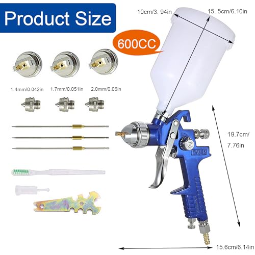 HVLP Spray Gun with Replaceable 1.4mm 1.7mm 2.0mm Nozzles Needle Cap Automotive Air Paint Sprayer Gun Kit with 600cc Capacity Cup for Car - WoodArtSupply