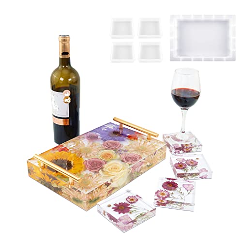 13.5" Rectangular x 2" Deep Large Tray Mold and 4 Deep Resin Coaster Molds and 3 Pairs Gold Handles, Silicone Tray Board Table Clock Mold for Epoxy ModWgGuo