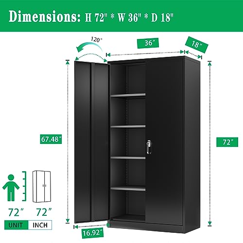 Metal Storage Cabinet, 72" Locking Metal Cabinet with 4 Adjustable Shelves, 2 Doors and Lock for Storage Office, Garage, Home, Classroom, Shop, HomJoones