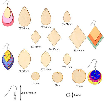 120 Pieces Unfinished Wooden Earrings Blanks Wooden Teardrop Earrings Set Wood Pendants with 60 Pieces Earring Hooks and 60 Pieces Jump Rings for