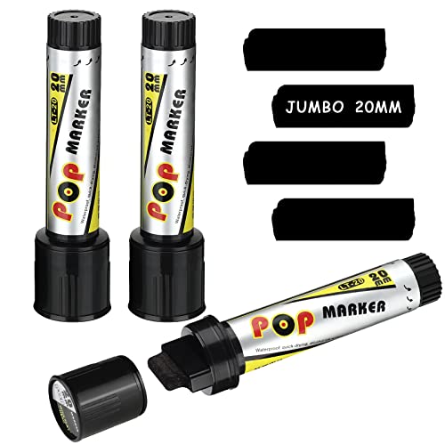 3 Pieces Acrylic Paint Marker Pens 20 mm Jumbo Black Paint Pen Water Based Art Markers Broad Chisel Graffiti Markers Pens Permanent Black Tagging - WoodArtSupply