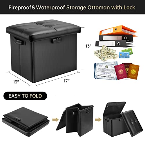 DocSafe Storage Ottoman with Lock,Fireproof Folding Ottoman Foot Rest Stool Storage Chest with Storage Safe for Important Documents,Waterproof 17 - WoodArtSupply