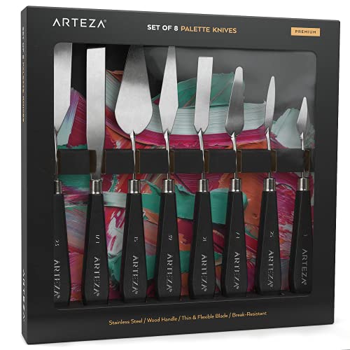 Arteza Palette Knives 8-Pack, Sizes No. 1, 25, 7, 15, 39, 23, 17, 21, Durable Stainless Steel Blade & Break-Resistant Wooden Handle, Art Supplies for ARTEZA