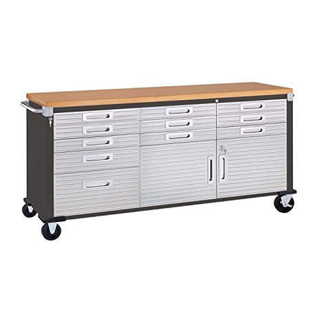 Seville Classics UltraHD Heavy Duty Rolling Cabinet Workbench Table w/Solid Wood Top, Workstation for Garage, Warehouse, Office, Workshop, 77" W x Seville Classics