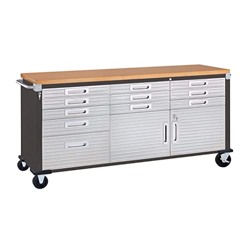 Seville Classics UltraHD Heavy Duty Rolling Cabinet Workbench Table w/Solid Wood Top, Workstation for Garage, Warehouse, Office, Workshop, 77" W x