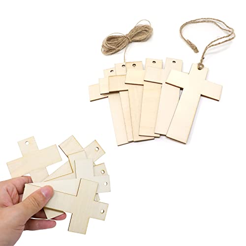 yueton 24pcs Cross Wooden Hanging Ornaments, Unfinished Blank Wood Pieces Wood Slices Wood Chips Embellishments, Wooden Gift Tags