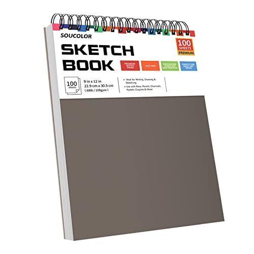 Soucolor 9" x 12" Sketch Book, 1-Pack 100 Sheets Spiral Bound Art Sketchbook, Acid Free (68lb/100gsm) Artist Drawing Book Paper Painting Sketching Soucolor
